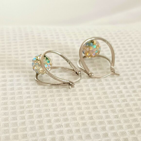 925 Floating Crystal Double Hoop Earrings Sterling Silver Drop Post Earrings - Picture 6 of 14